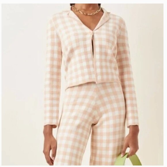 STAUD Juliette Gingham Jacquard Knit Top Jacket Neutral Size Medium - Picture 1 of 12